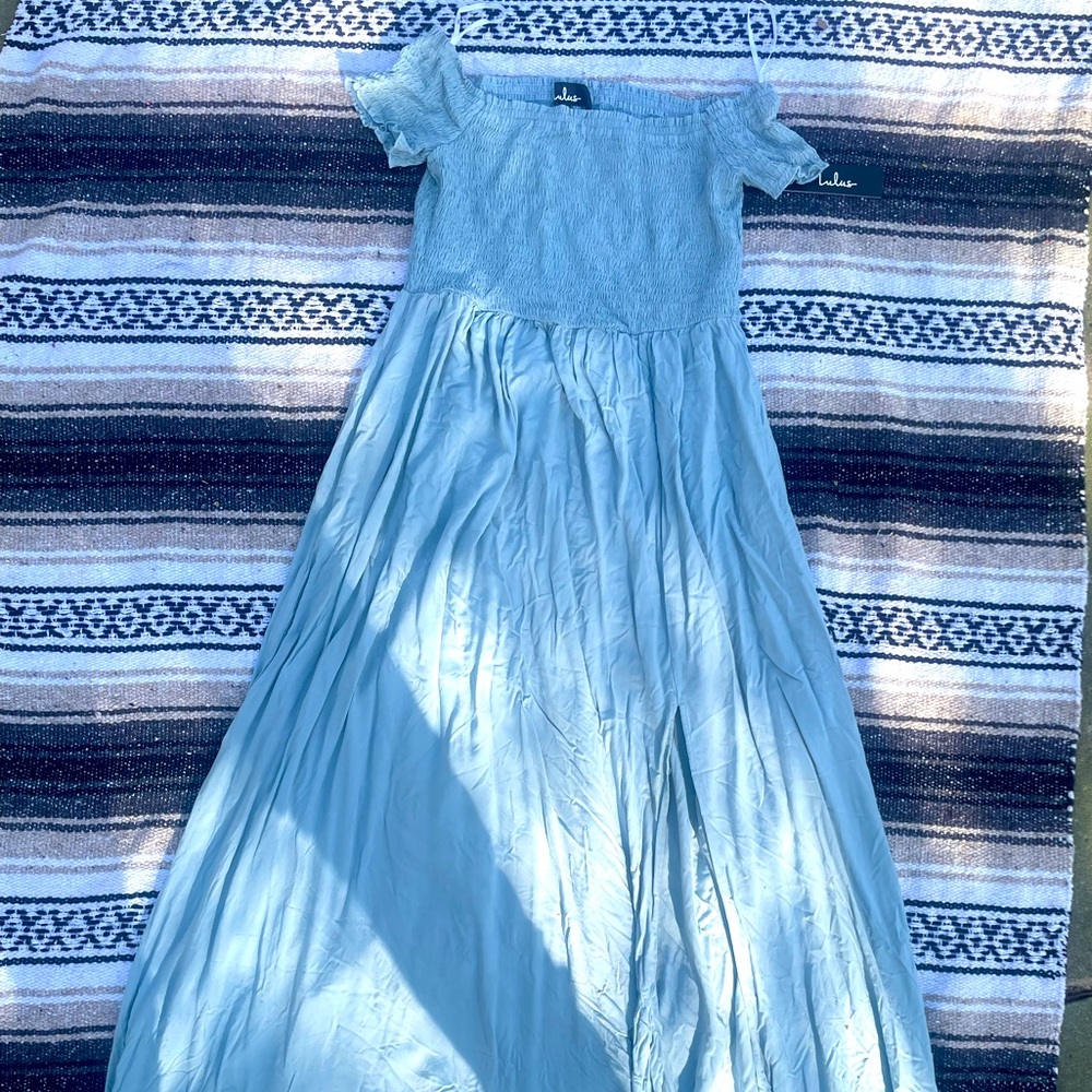 Lulu’s Muted Blue Off the Shoulder Maxi Dress w/ Slit & Pockets NWT